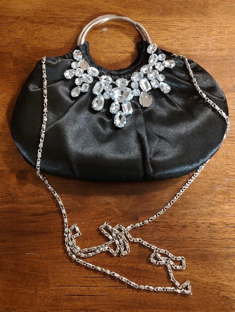 Elegant Black Satin Evening Clutch with Crystal Accent